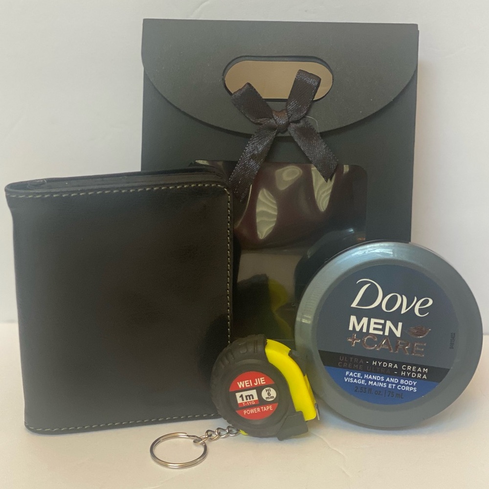 Men’s Bundle: Wallet, Dove Men’s Cream, Mini Tape Measurer Keychain - Brand New
